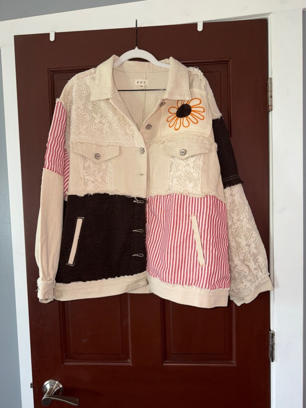 POL Cream, Black & Pink Patchwork Embroidered Jean Jacket